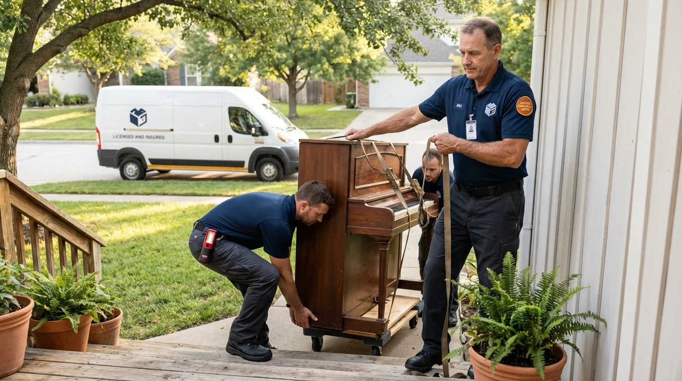 Licensed piano movers securing grand piano in Kingston, OK