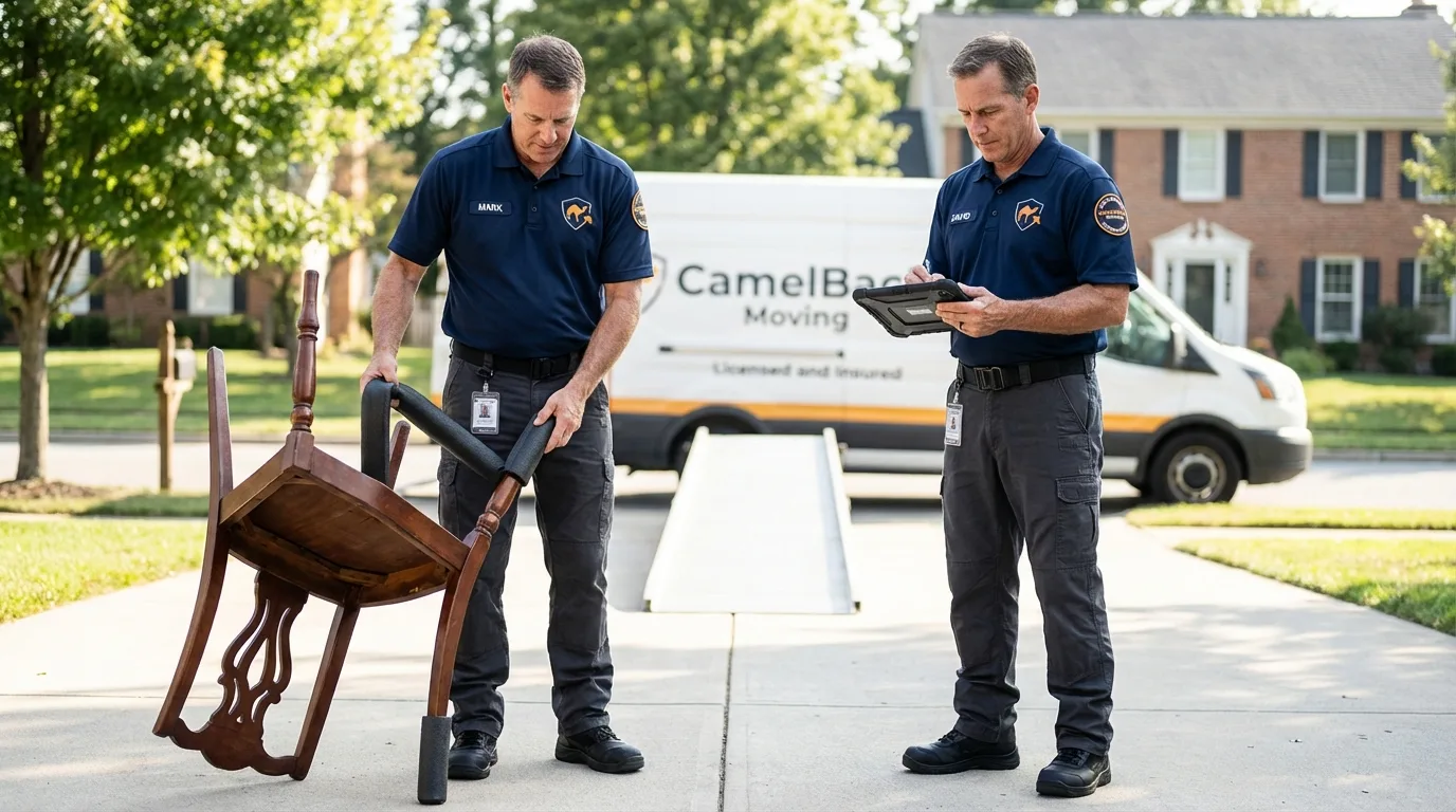 Movers inspecting furniture for damage prevention before loading in Kingston, OK
