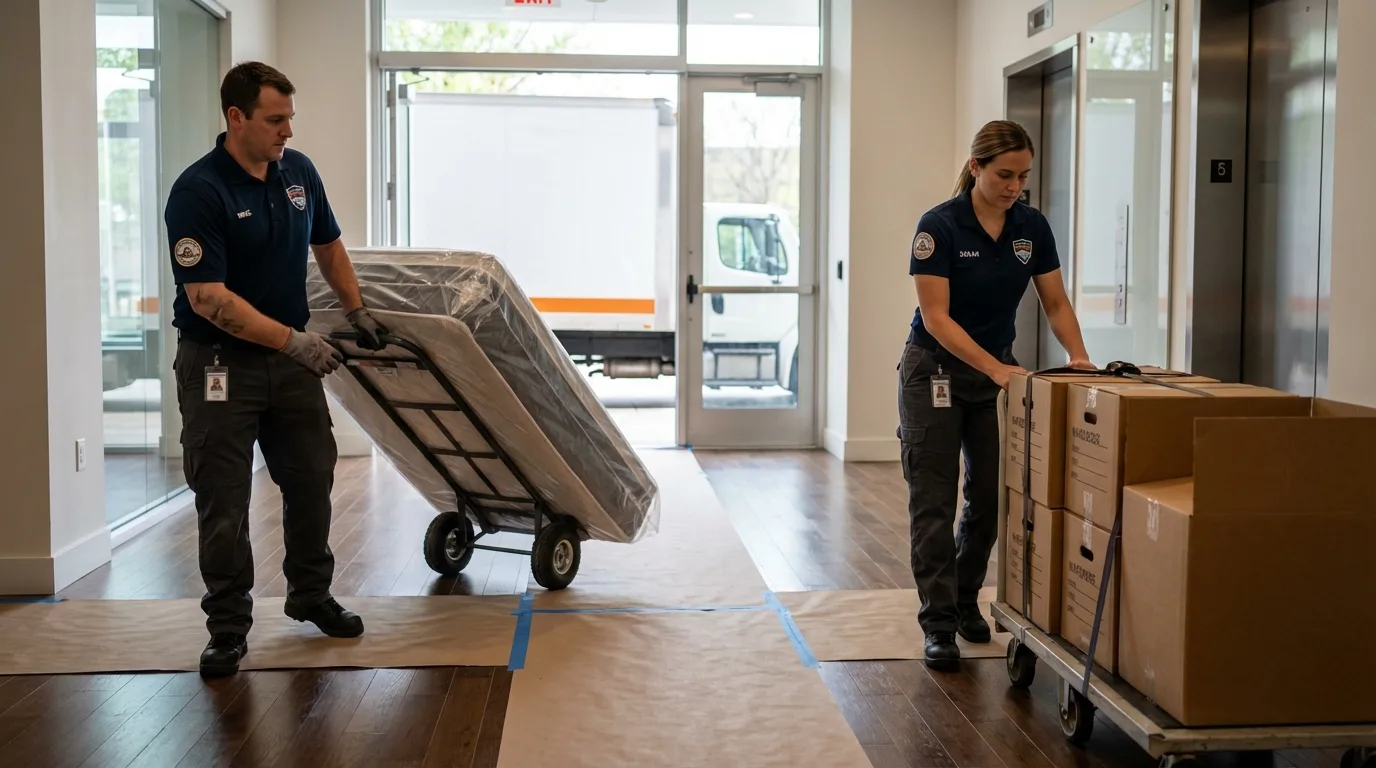 Professional apartment movers loading elevator in Kingston, OK