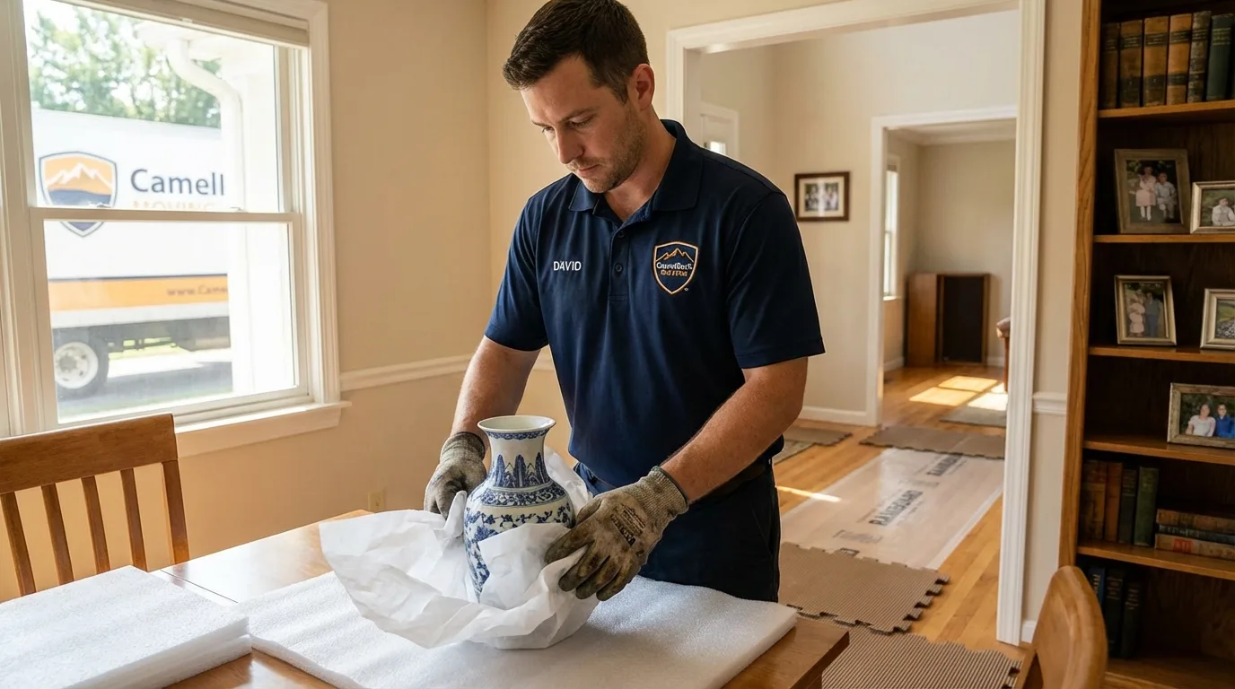Professional crew carefully wrapping antique vase for senior downsizing move in Kingston, OK